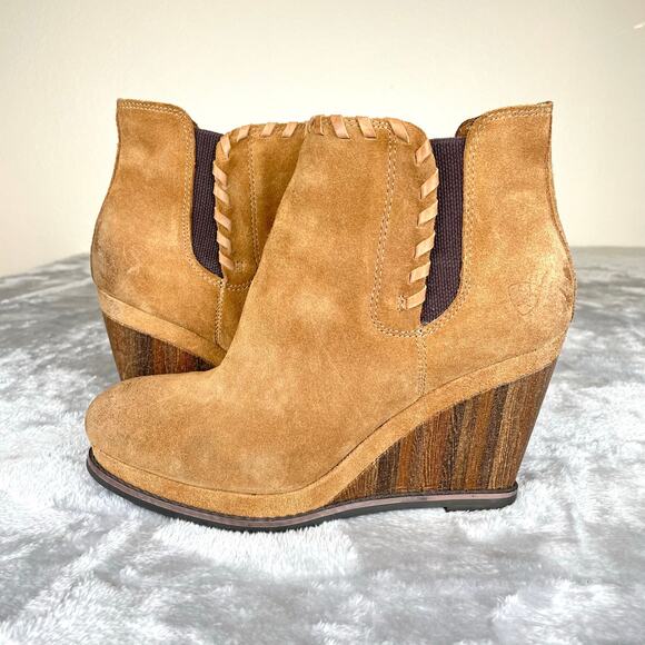 Ariat Womens Booties Sz 9 Belle Brown Suede Wedge Chunky Platform Boho Western - Picture 2 of 9